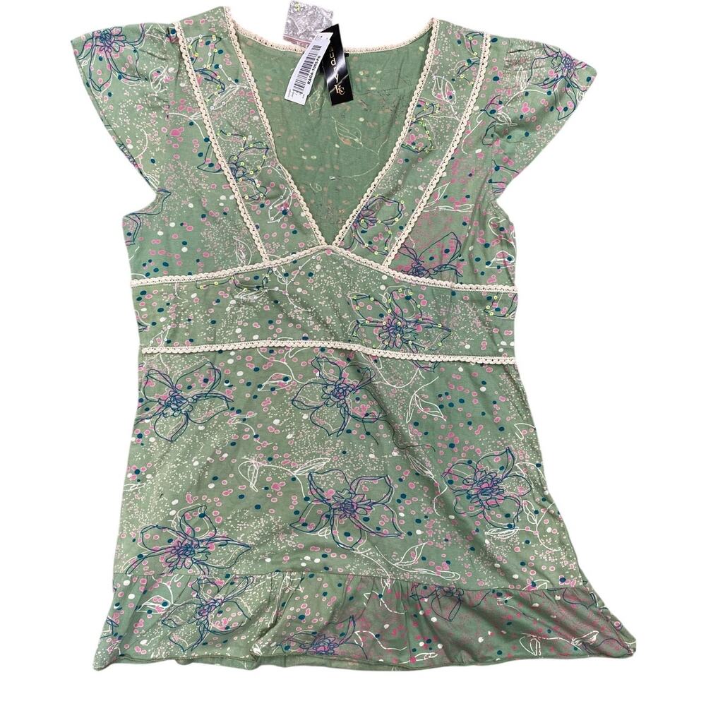 Chaundry Womens Short Sleeve Top, Mint Green, Sequins, Lace, 10006, XL